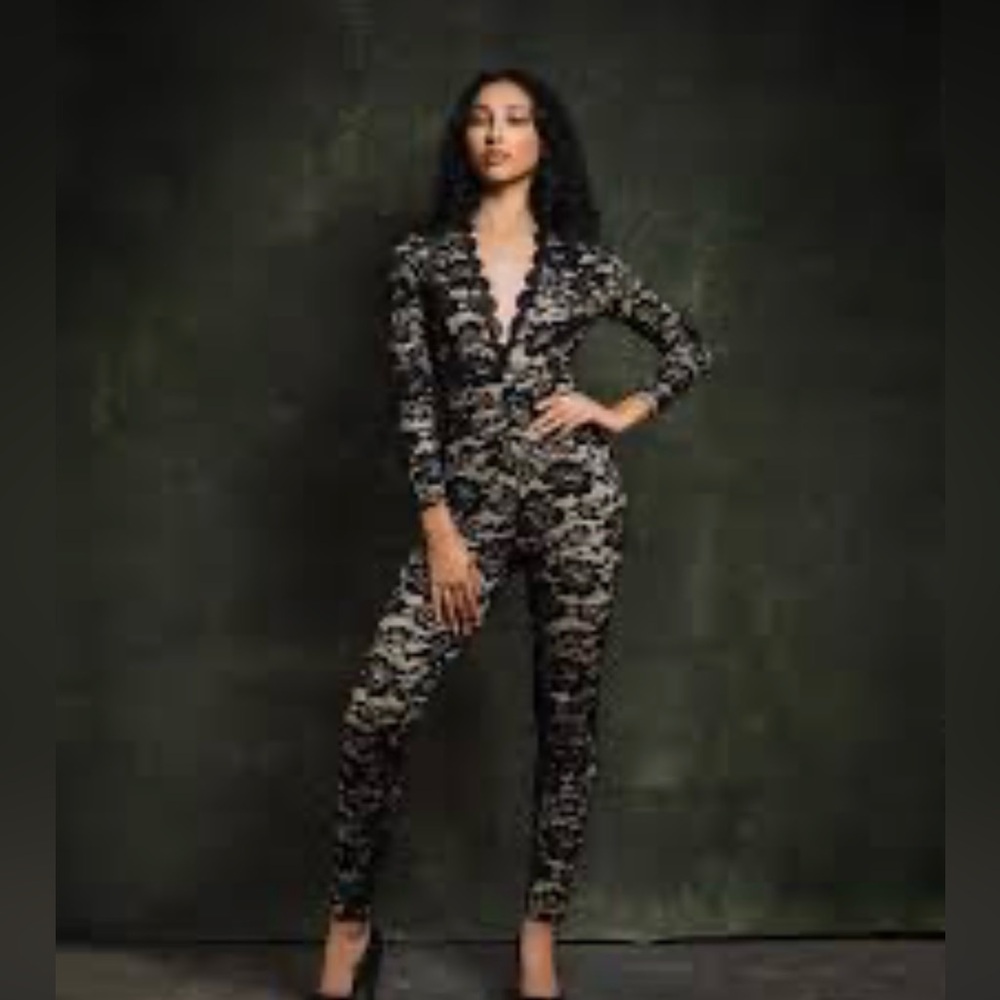 Shinestar Black Lace-Pattern Jumpsuit